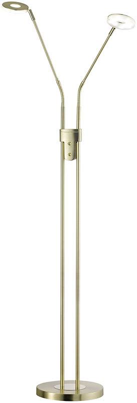 Brass floor lamp with two adjustable arms and round lampshades, suitable for a modern living environment.