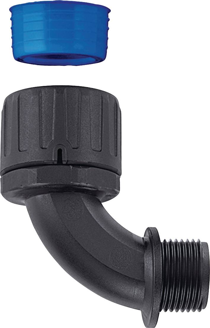 'Black 90-degree plastic pipe connector with thread, with a blue plastic cap on top.'