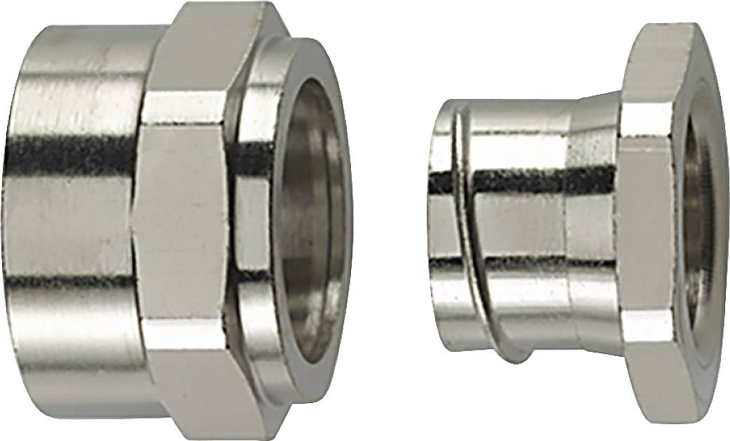 Two metal fittings, shown side by side, display different sizes and shapes, suitable for pipe connections.