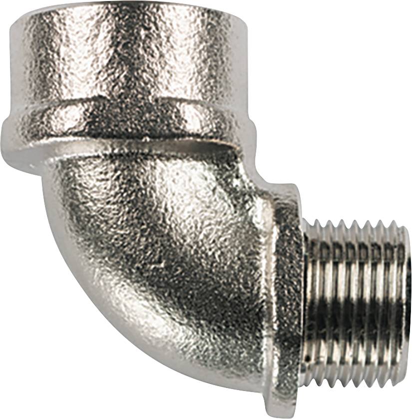 A metallic 90-degree angle connector with a threaded end, used in piping systems.