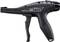 Cable tie tool in black with adjustable tension, handle and lever, side markings for tension settings.