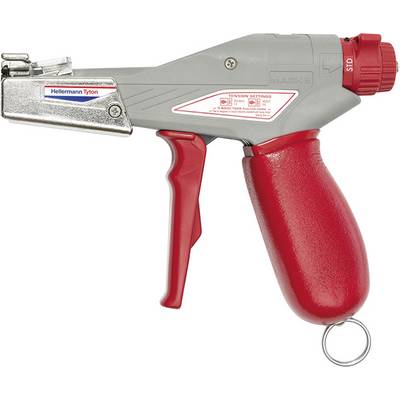 A plastic cable tie tensioning tool with a red handle and grey casing. It is used for tightening and cutting cable ties.