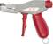 A plastic cable tie tensioning tool with a red handle and grey casing. It is used for tightening and cutting cable ties.