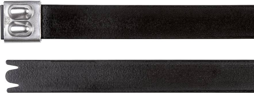 A black cable tie with a metal fastener, with the fastening side at the top and the tapering point at the bottom.