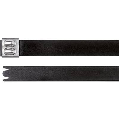 A black cable tie with a metal fastener, with the fastening side at the top and the tapering point at the bottom.