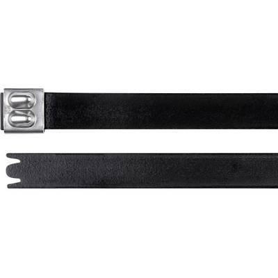 A black cable tie with a metal clasp at the top, with the end of the cable tie underneath.