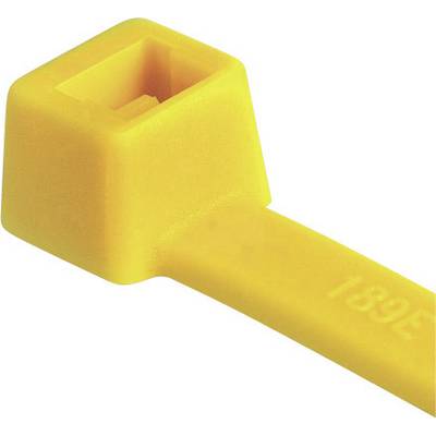 A yellow cable tie with a rectangular locking mechanism, on which '189E' is embossed, against a white background.