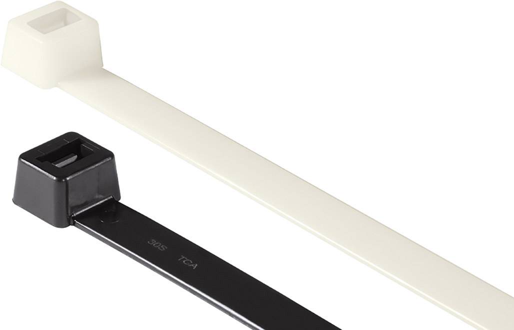 Two cable ties, one white and one black, are lying next to each other. They are shown in different sizes.