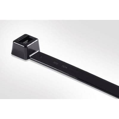 A black cable tie on a light background, primarily used as a fastening device.