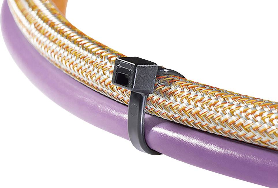 A cable tie holds colourful pipes and a braided cable tightly together to ensure order and stability.