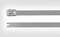 Metallic cable tie with a locking mechanism, lying flat on a white background, showing the fastening technique in detail.