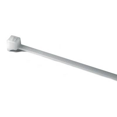 A white plastic cable tie lies diagonally on a white background.