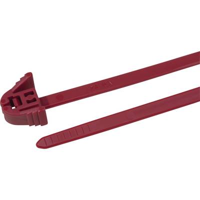 Red cable tie with a ribbed fastener and smooth surface, for bundling and securing cables and wires.