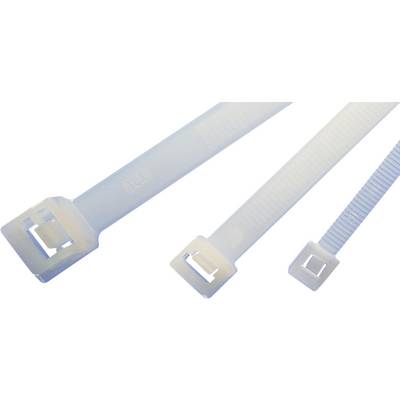 Three white cable ties of different sizes are lying side by side. They are accessory parts used for bundling cables.