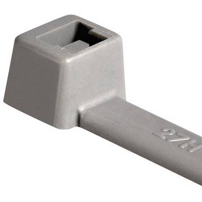 A grey cable tie with a rectangular plastic head, used for bundling or securing cables.