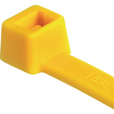 A yellow cable tie with a rectangular head and a smooth band, with the number '189E' embossed on it.