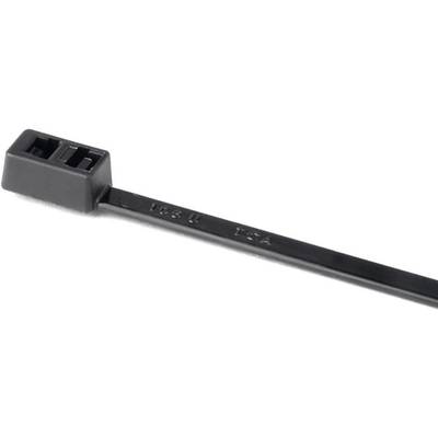 A black cable tie with a rectangular head and smooth band lies on a white background.