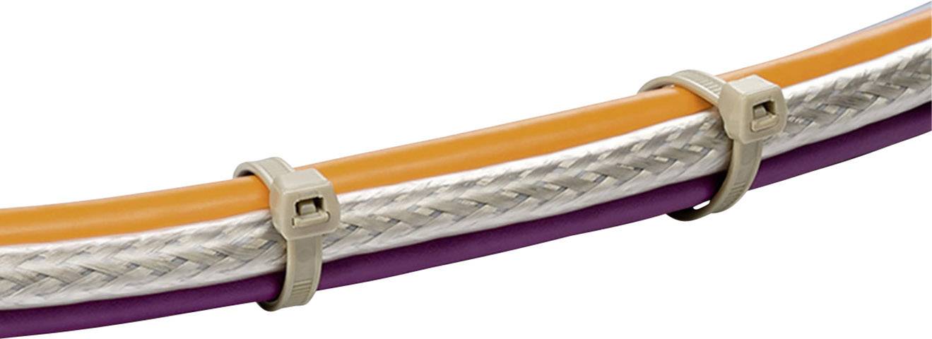 Three cables in orange, silver, and purple are held together with light brown cable ties.