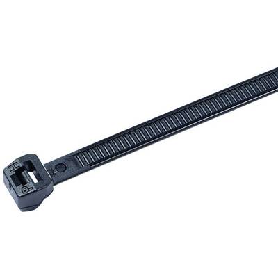 A black cable tie with a ribbed surface and locking mechanism.
