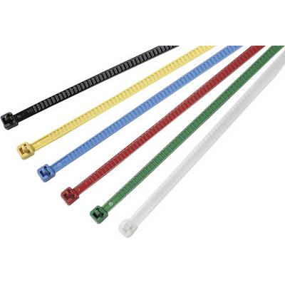 Multicoloured cable ties in black, yellow, blue, red, green and white lie parallel to each other on a white surface.