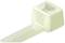 A white cable tie with a square loop and serrated band, commonly used for bundling or securing cables.
