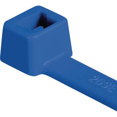 Blue cable tie head with flat closure mechanism, internal clamping teeth, suitable for cable bundling.