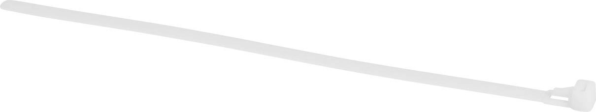 A white cable tie with a locking mechanism at the end, typically used for bundling or securing cables.