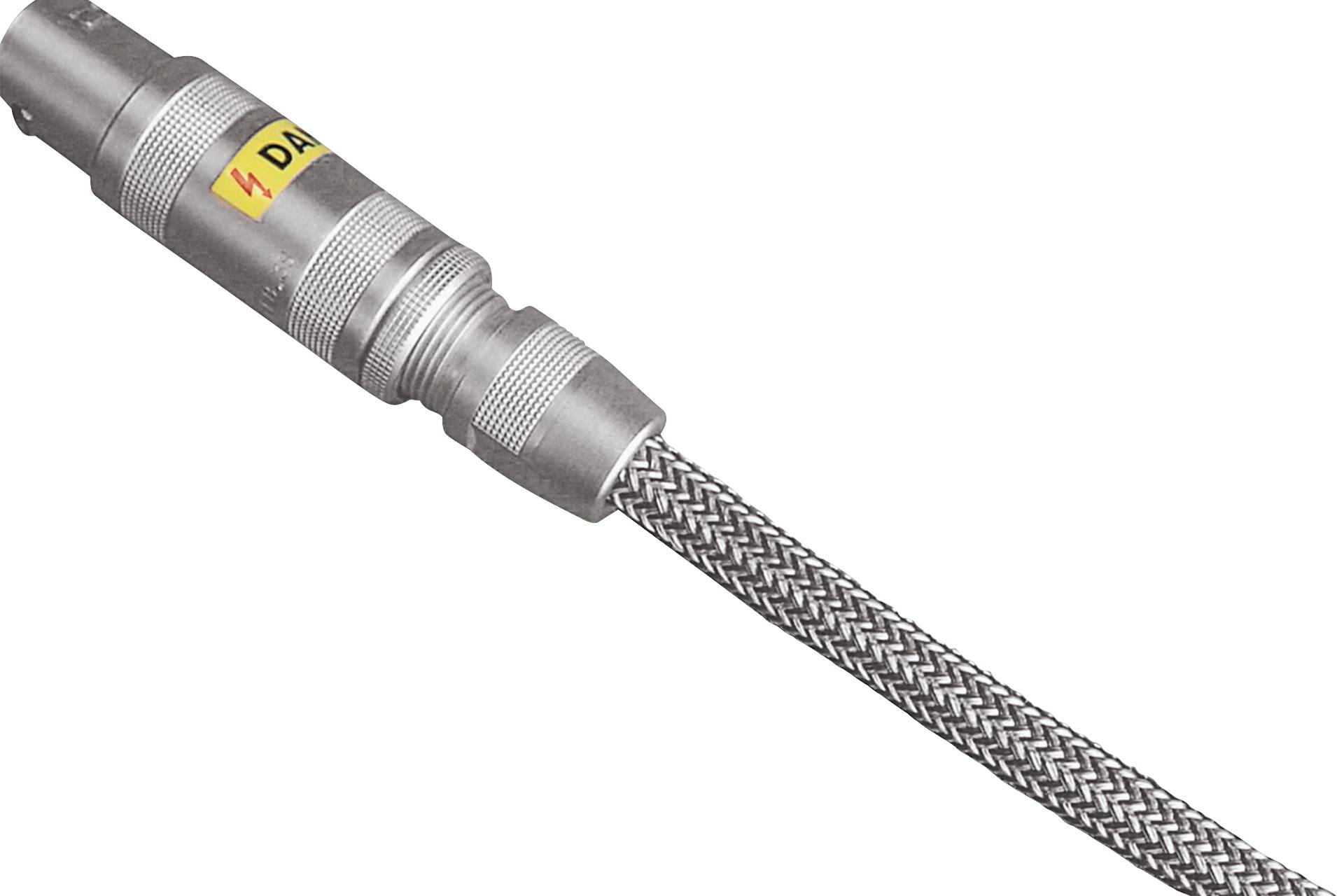 A metal plug with a braided cable and yellow 'DANGER' label.
