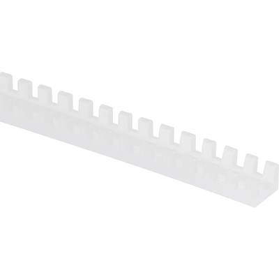 White, serrated cable clip, used for neat routing and bundling of cables.