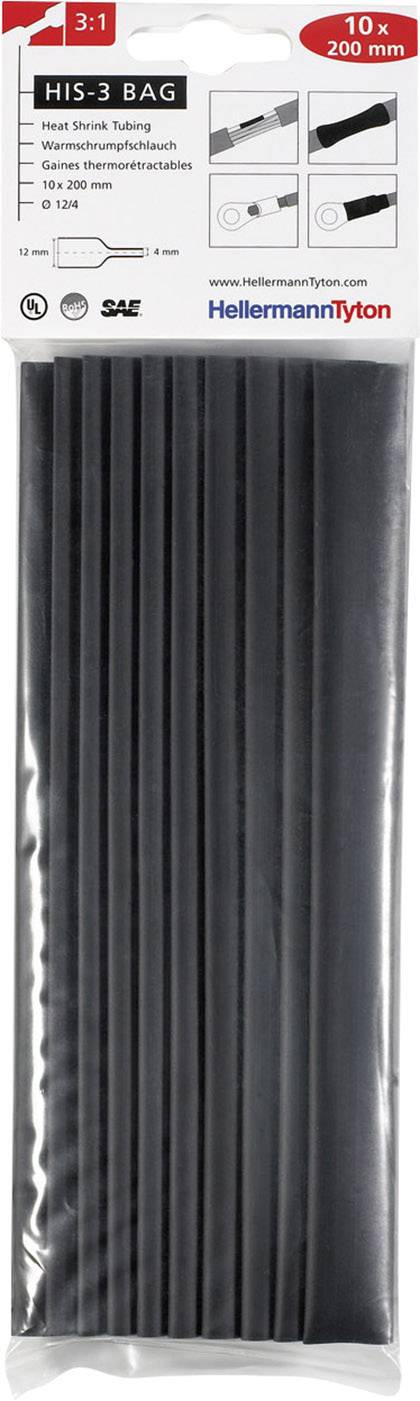 Heat shrink tubes in black packaging with text 'Heat Shrink Tubing'. Size: 6-20 mm. 3:1 shrink ratio, 10 pieces at 200 mm each.