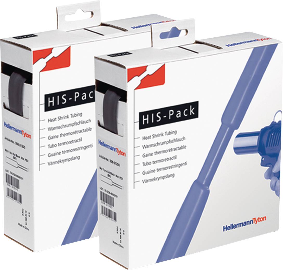 Two packs of heat-shrink tubing by HellermannTyton. Packaging design shows product illustration and brand logo.