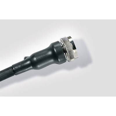 Close-up of a coaxial cable connection on a grey background, showing a black cable with a metal plug.