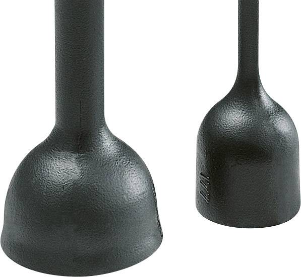 Two black rubber stoppers of different sizes stand upright. The stopper on the left is larger, the one on the right smaller.