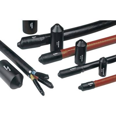 A selection of heat-shrink caps on various cables, used for sealing and protecting cable ends.
