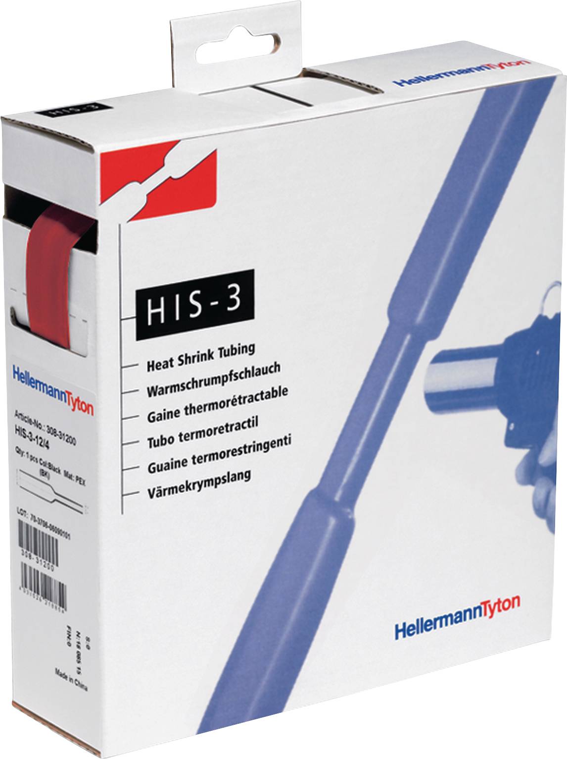 Packaging from HellermannTyton with the inscription 'HIS-3', showing an image of a heat-shrink tube in red.
