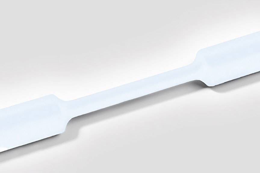 A long, narrow, white plastic rod with widened ends lies diagonally on a grey background.