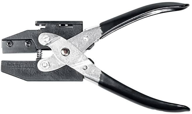 Pliers with a black handle and metal mechanism, used for bending or punching materials.