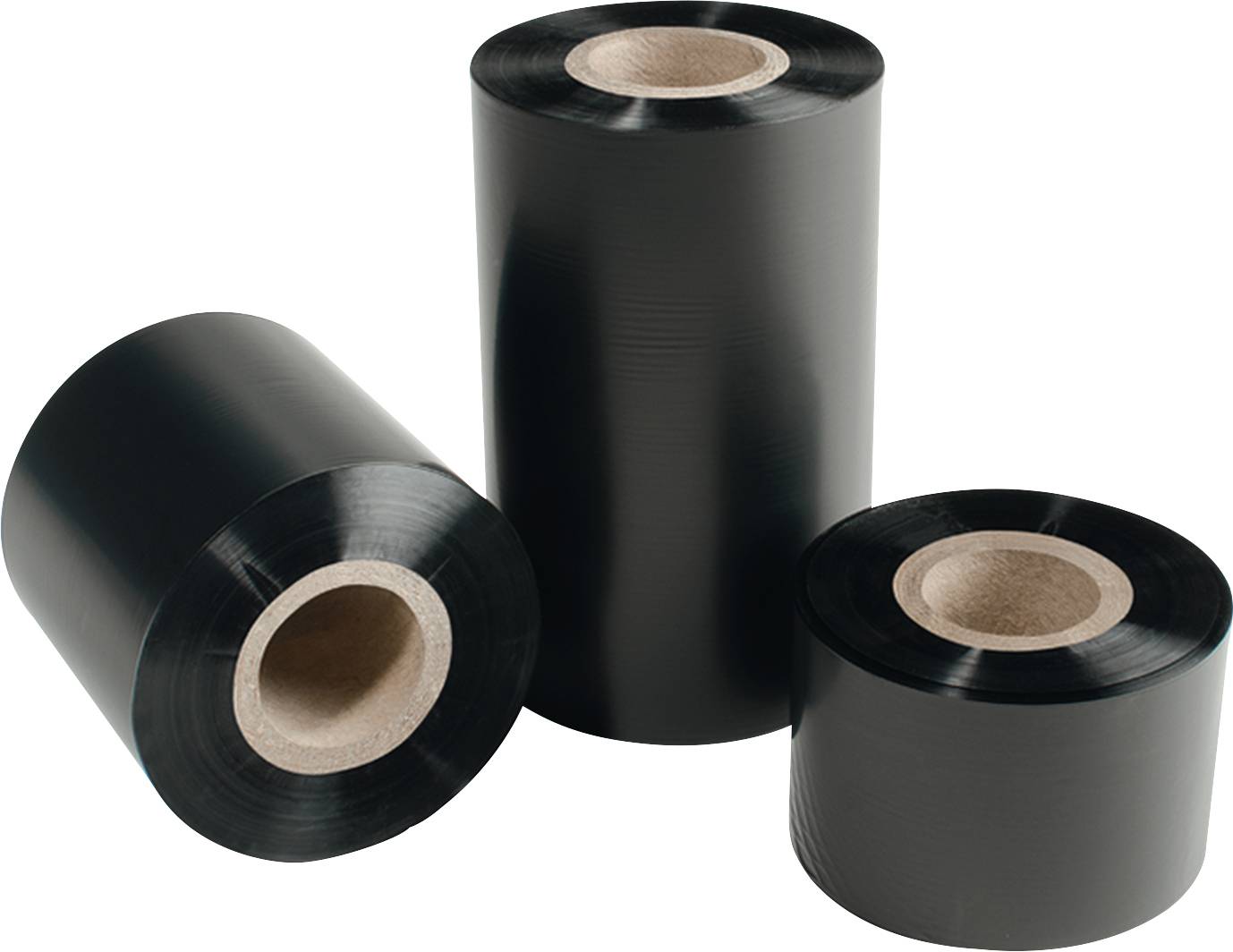Three rolls of black tape in various sizes stand upright side by side, presented against a light background.