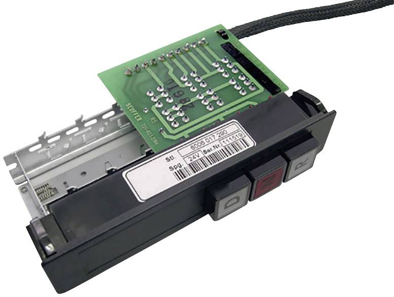 'Switch assembly with green circuit board and labelling. Two square buttons, one red, one grey, are located on the front.'