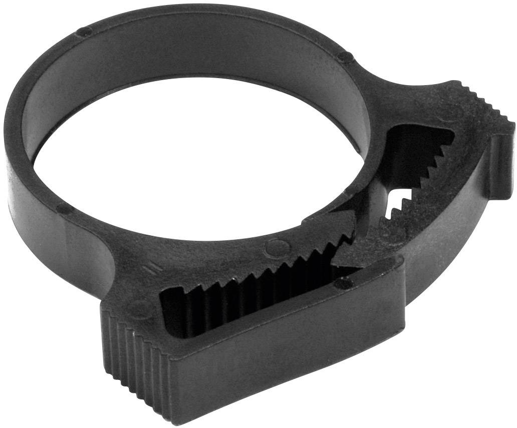 A black plastic ring with toothed handles, likely a bottle opener or seal removal tool for beverage capsules or closures.