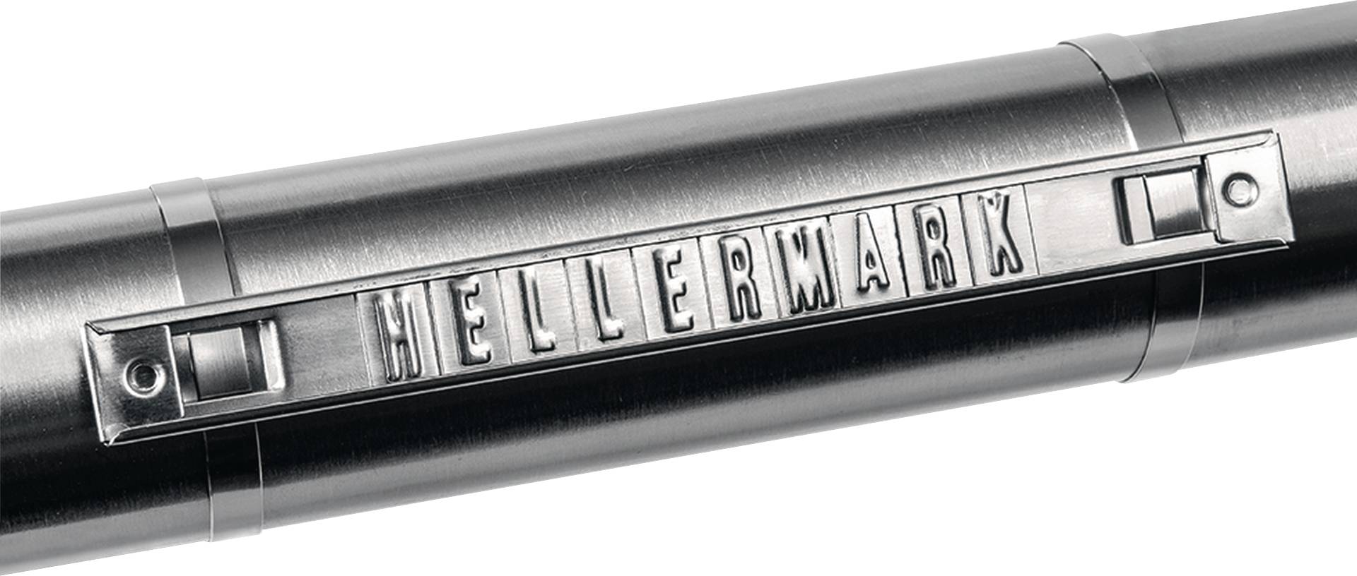 Metal cylinder with embossed lettering 'HELLERMARK'.