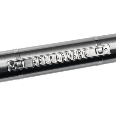 Metal cylinder with embossed lettering 'HELLERMARK'.