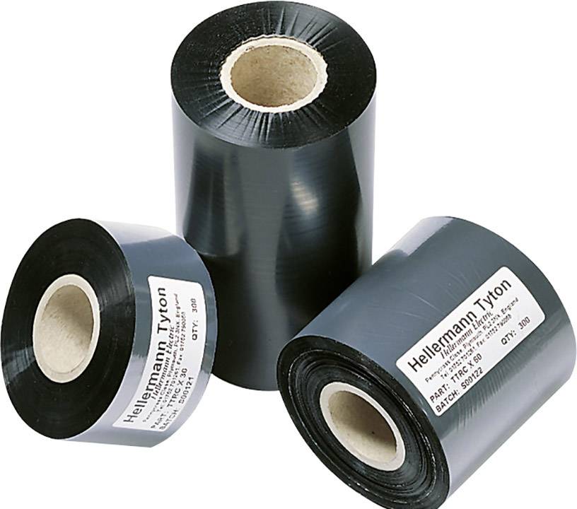 Three black adhesive tape rolls with white labels from the brand 'HellermannTyton'. Rolls are standing upright or lying on their side.