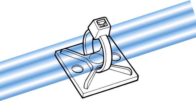 Illustration of a cable tie wrapped around a pipe and secured with a square base.