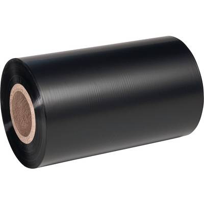Black plastic film on a roll, lying sideways, with exposed cardboard core in the centre.