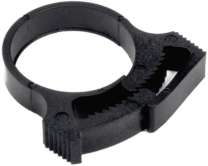 A black, gear-like plastic ring with serrated edges. Used for mechanical or industrial applications.