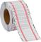 A roll of printed labels, perforated and marked with red indicators, designed for use in printers.