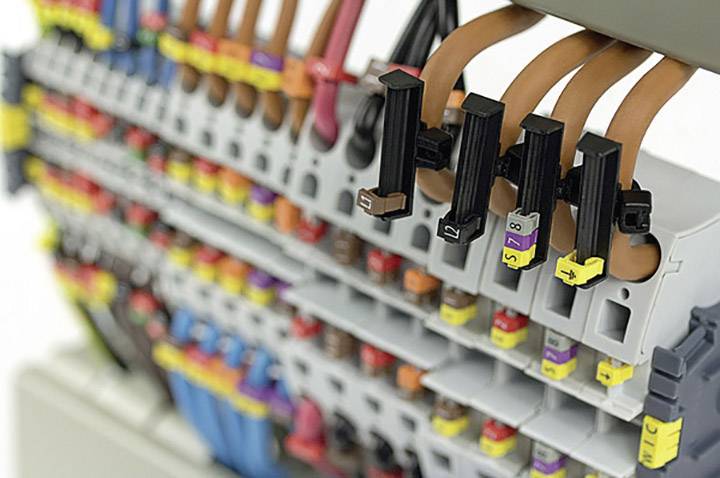 'Close-up of a terminal block with multiple cables and connectors in various colours.'