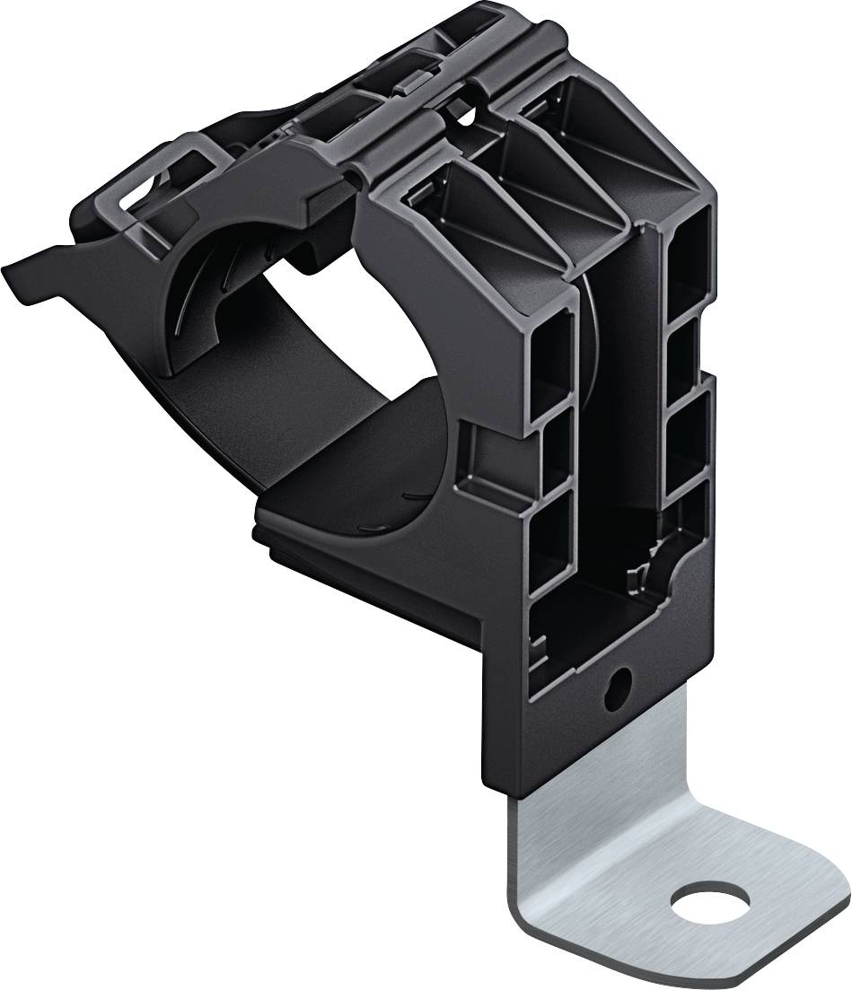 Black plastic cable holder with silver metal base, for mounting cables on walls or devices.