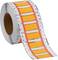A roll of self-adhesive, rectangular labels in white and orange, die-cut for easy removal.